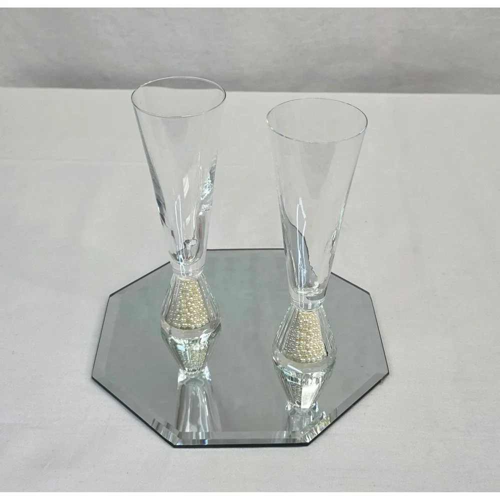 Pair of Faux Pearl Filled Base Champagne Flutes Wedding Toasting Glasses